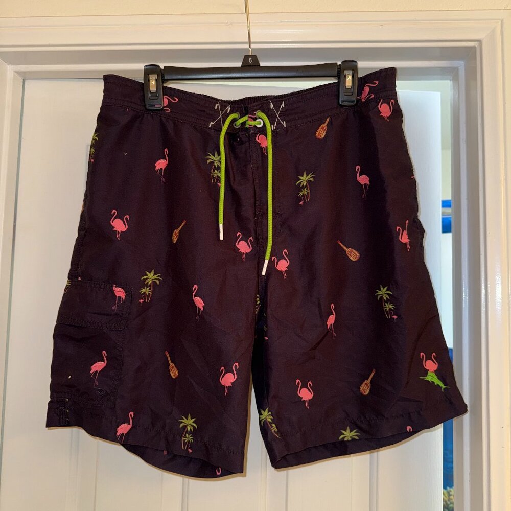 Tommy Bahama Flamingo Print Swim Trunks Mens Large Black Tropical Board Shorts